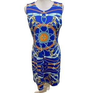 J. McLaughlin sleeveless carman dress blue/orange equestrian chain print large
